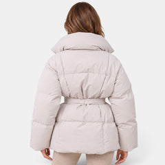 Women's Belted Puffer Coat - High Neck Quilted Jacket