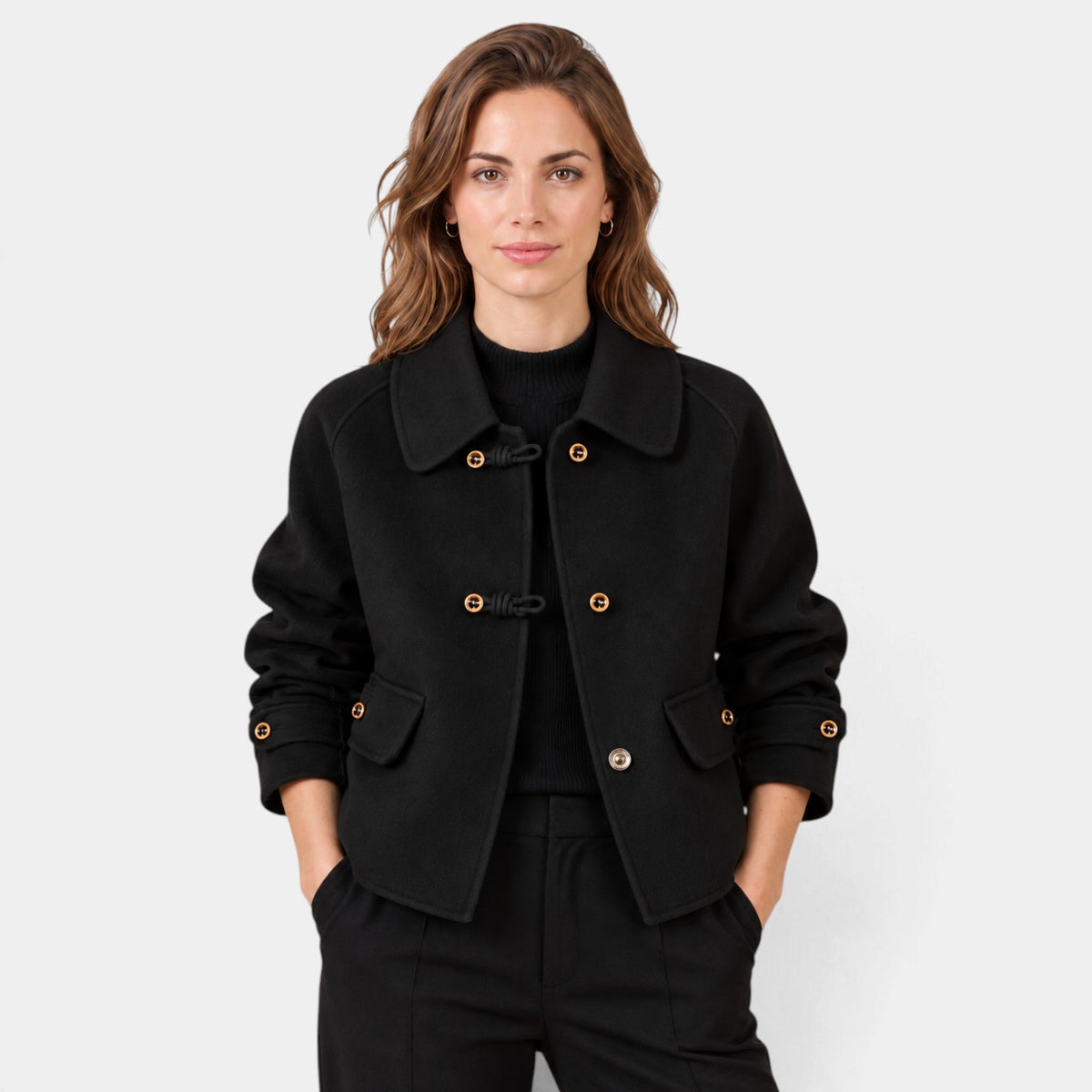 Blazer de Tweed para Mujer con Cuello Redondo y Botones Perla