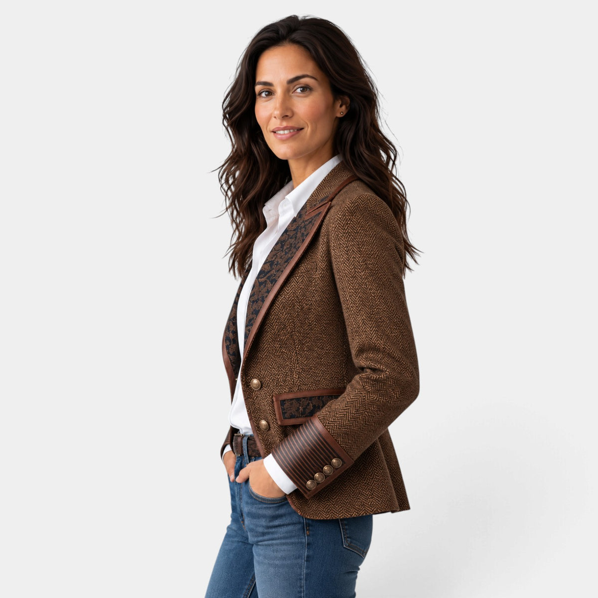 Women's Herringbone Panel Blazer with Gold Buttons