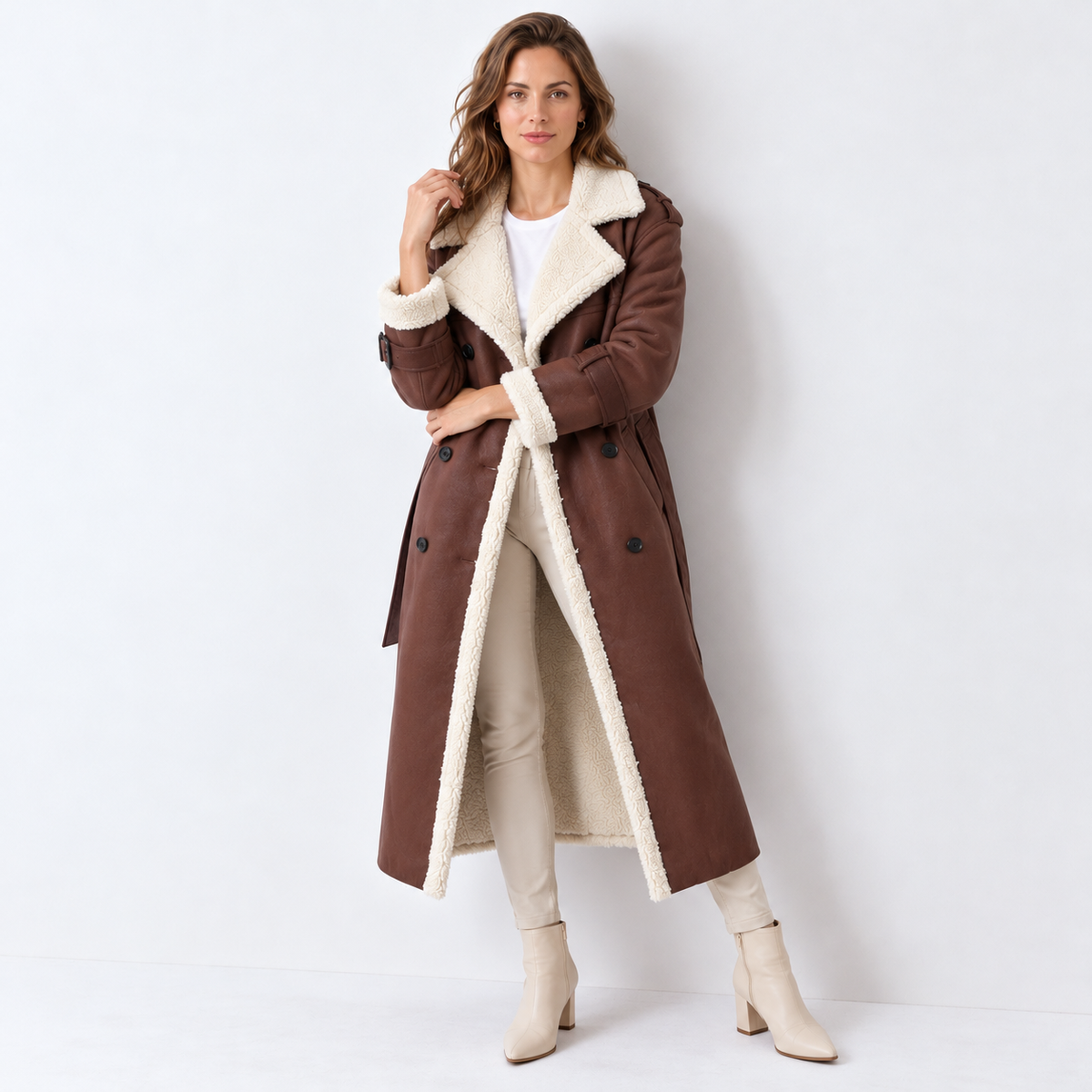 Women's Quilted Trench Coat with Sherpa Collar - Padded