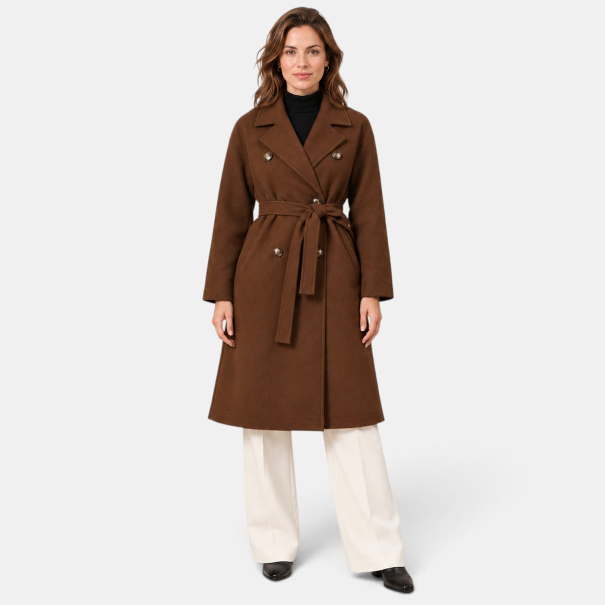 Women's Long Double-Breasted Belted Coat - Classic Overcoat