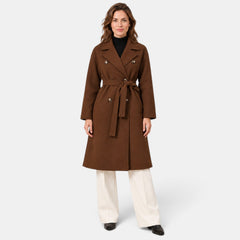 Women's Long Double-Breasted Belted Coat - Classic Overcoat