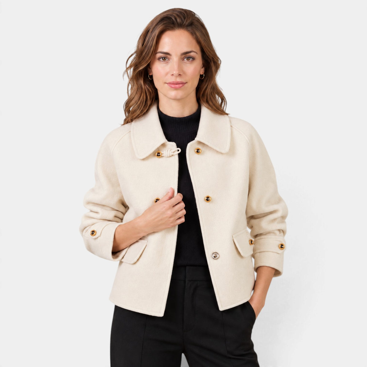 Blazer de Tweed para Mujer con Cuello Redondo y Botones Perla