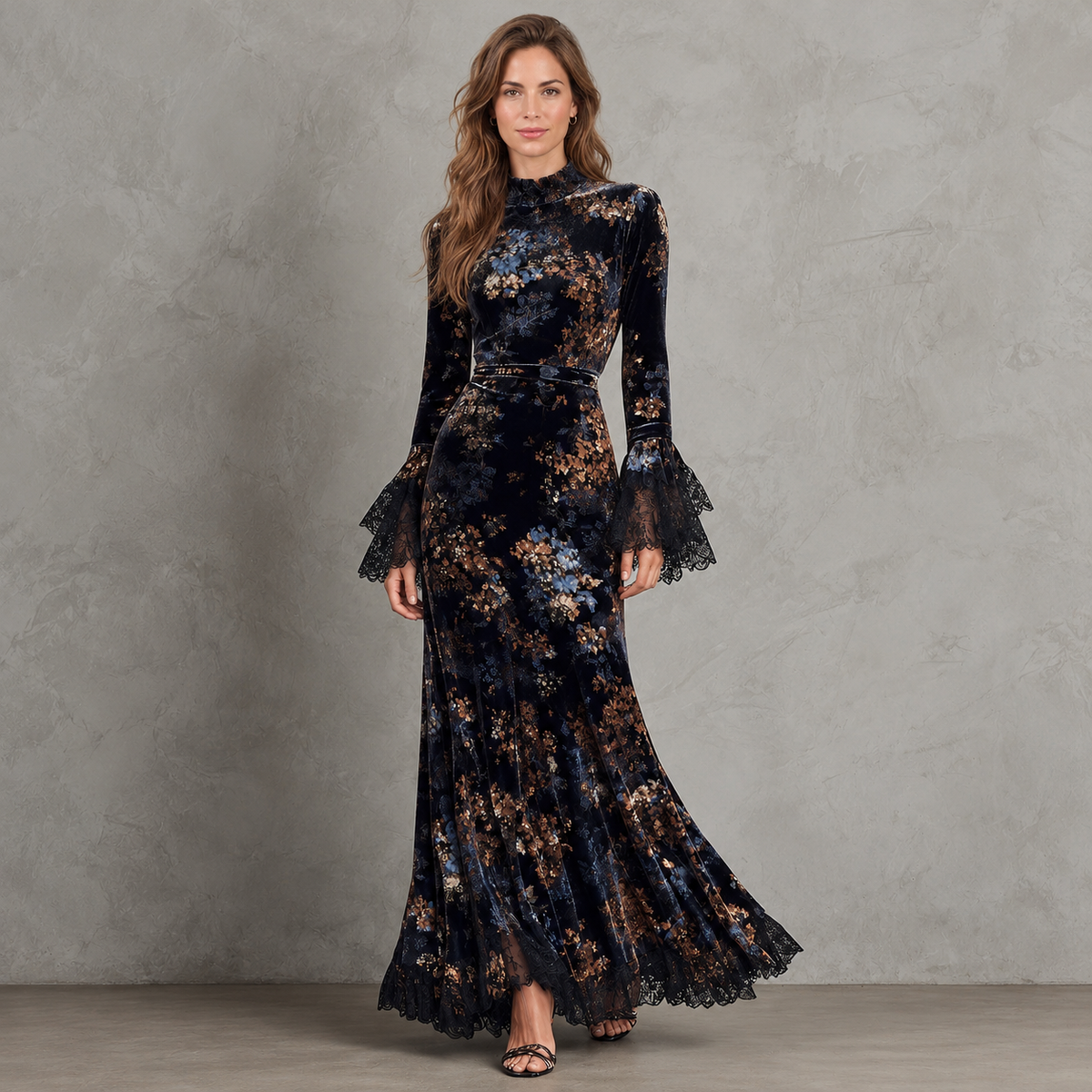Vestido Largo Mujer Terciopelo Floral con Mangas Acampanadas de Encaje
