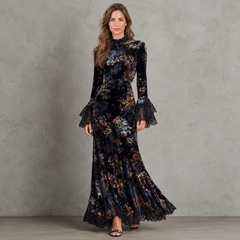 Vestido Largo Mujer Terciopelo Floral con Mangas Acampanadas de Encaje