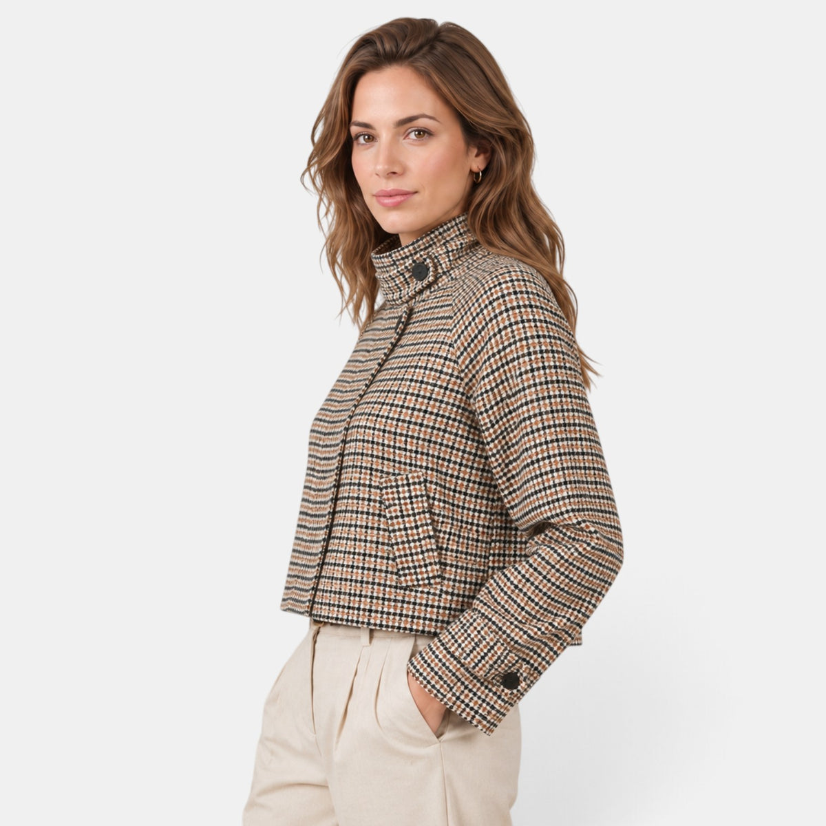 Women's Brown Houndstooth Cropped Jacket - High Neck