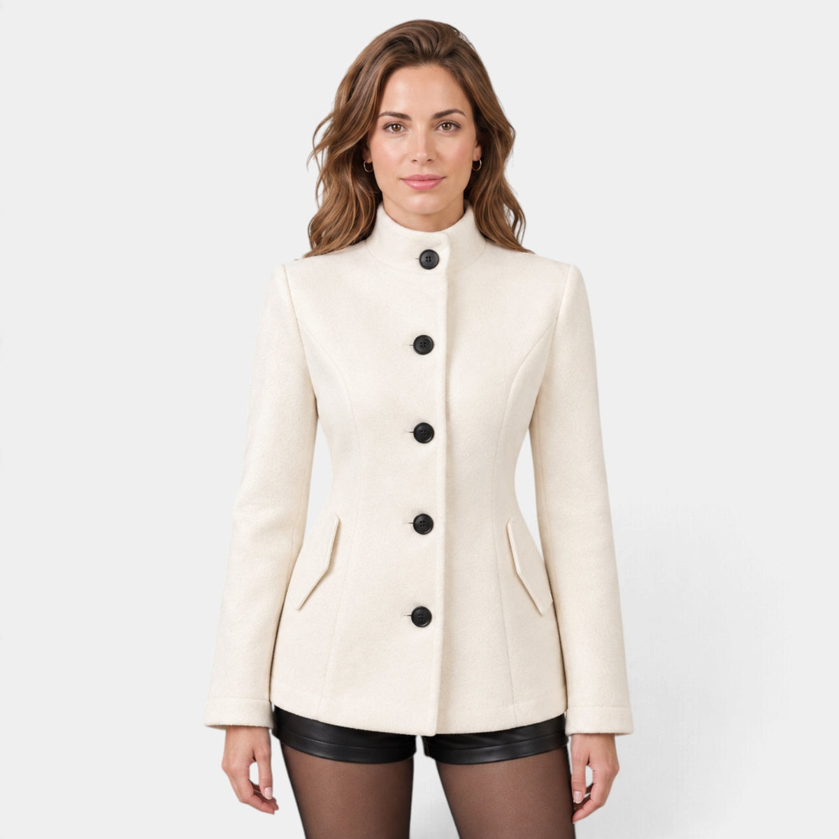 Abrigo de Lana Blanco Crema Elegante para Mujer con Botones