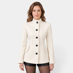 Abrigo de Lana Blanco Crema Elegante para Mujer con Botones