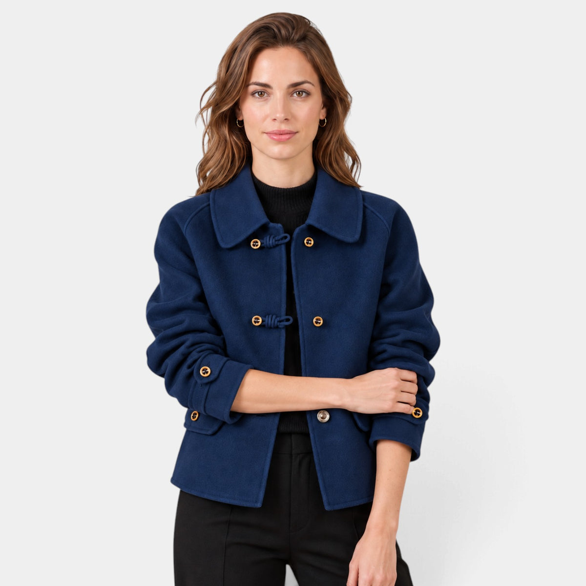 Blazer de Tweed para Mujer con Cuello Redondo y Botones Perla