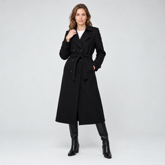 Women's Black Long Wool Blend Coat - Belted Wrap Style