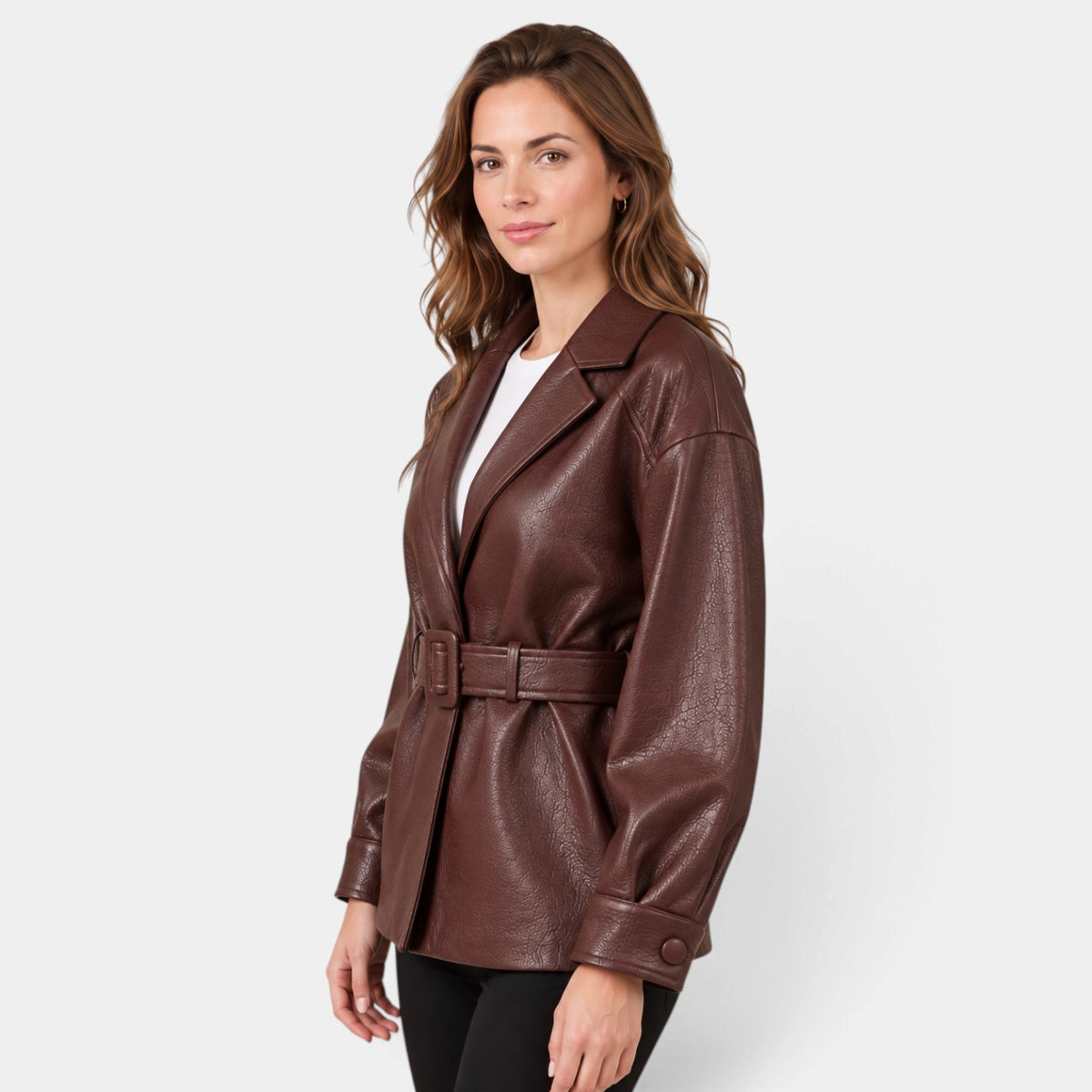 Faux Leather Jacket with Belt and Wide Collar