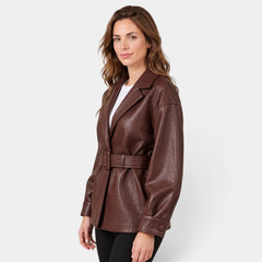 Faux Leather Jacket with Belt and Wide Collar