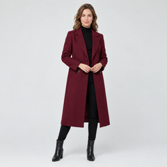 Women's Burgundy Long Double-Breasted Coat - Notch Lapel