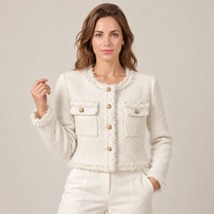 Chaqueta de Tweed Corta Mujer con Flecos y Botones Dorados