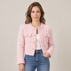 Chaqueta de Tweed Corta Mujer con Flecos y Botones Dorados