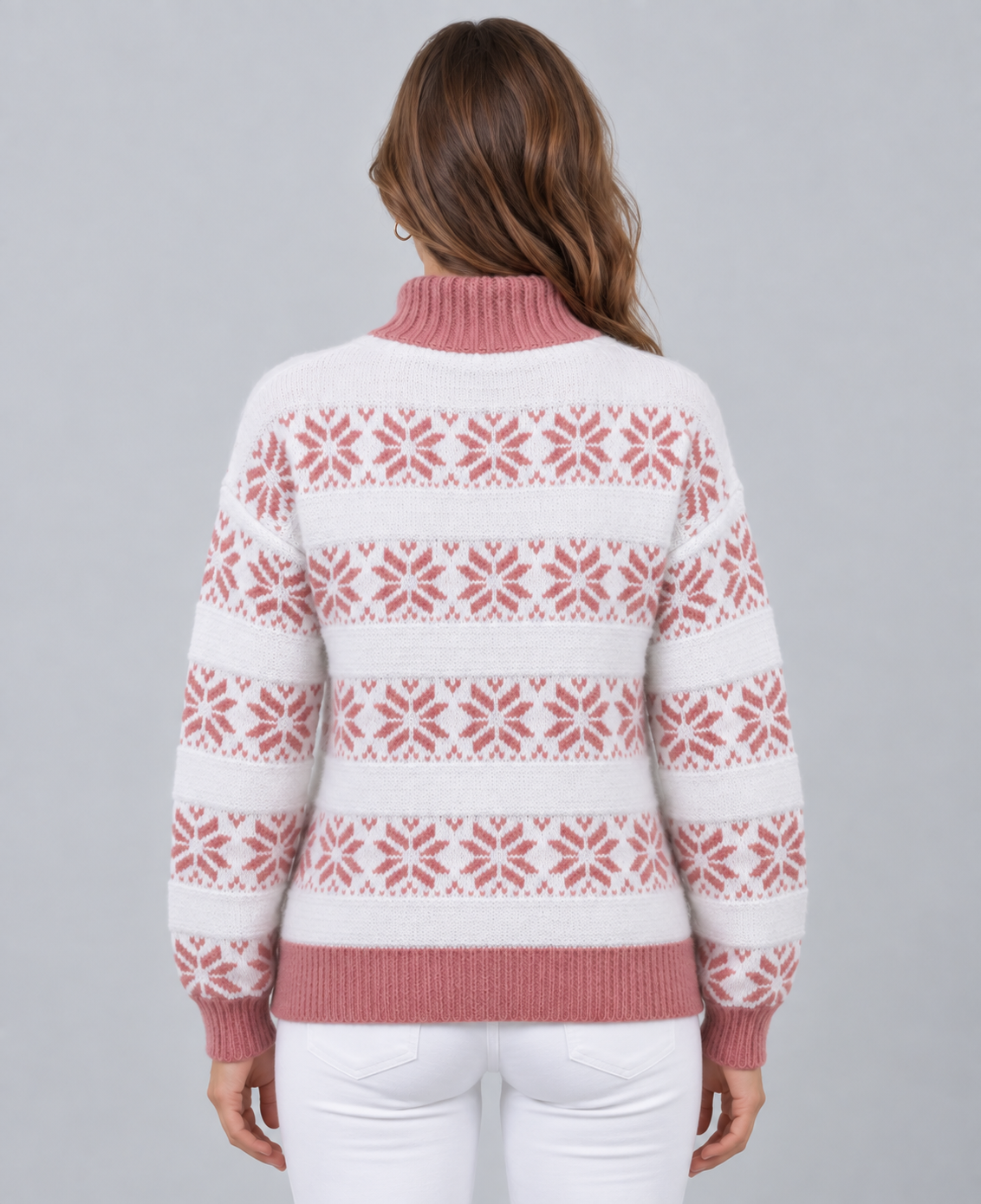 Jersey Fair Isle Mujer Cuello Alto Contraste Copos de Nieve