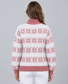 Jersey Fair Isle Mujer Cuello Alto Contraste Copos de Nieve