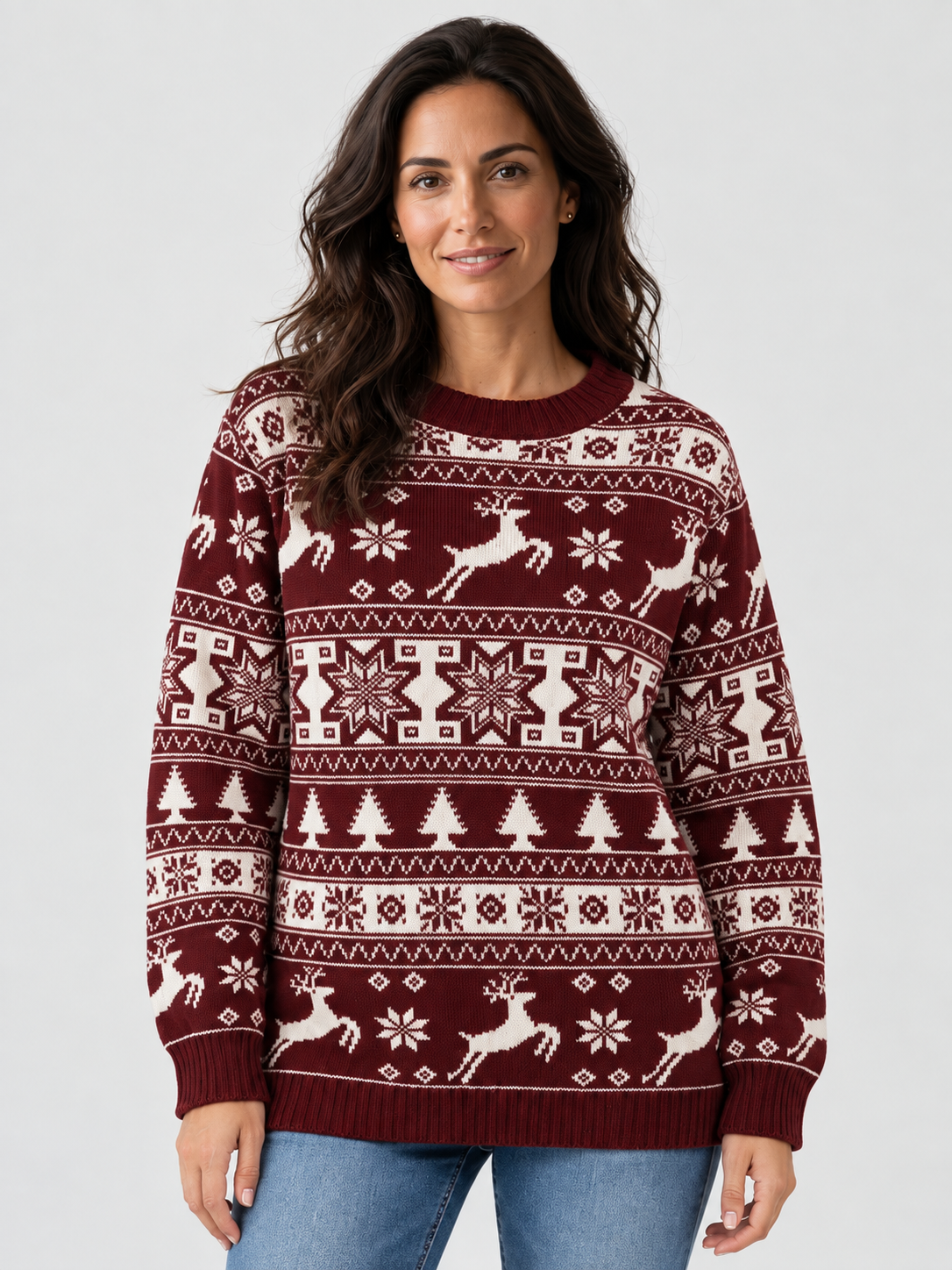 Jersey Navideño Mujer Fair Isle Renos y Abetos Cuello Redondo