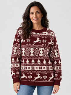 Jersey Navideño Mujer Fair Isle Renos y Abetos Cuello Redondo