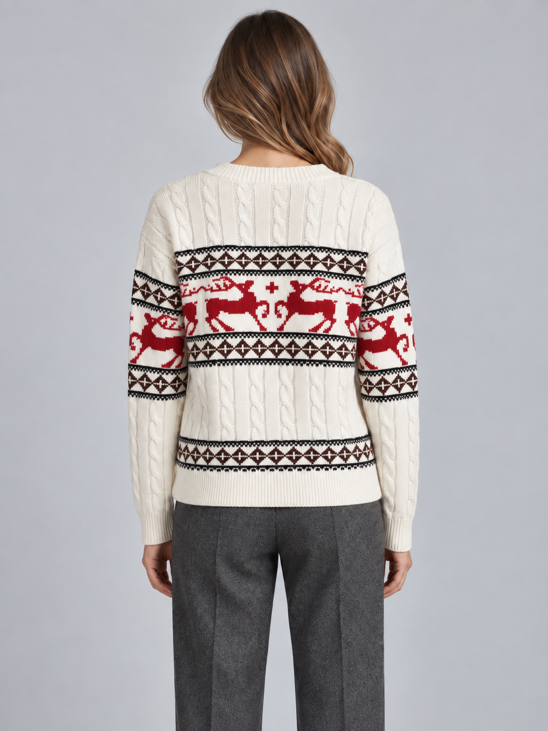 Women's Fair Isle Reindeer Aran Cable Knit Christmas Sweater