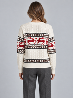 Women's Fair Isle Reindeer Aran Cable Knit Christmas Sweater