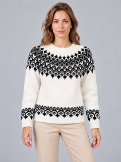 Women's Geometric Fair Isle Crew Neck Sweater Ivory