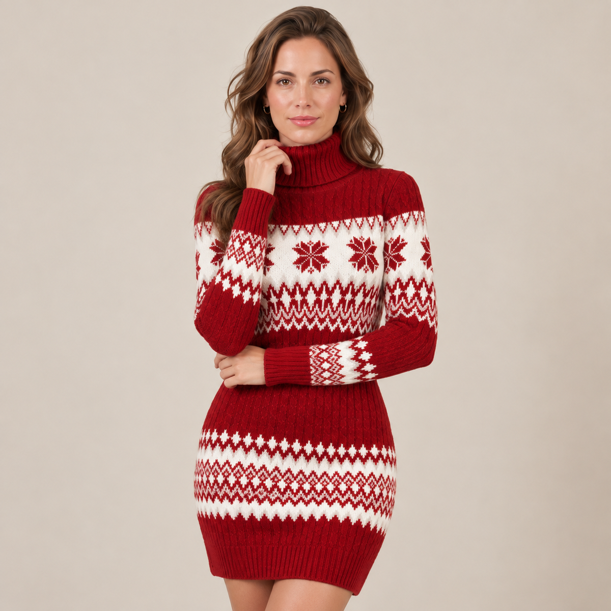 Women's Red Fair Isle Christmas Sweater Dress - Knit Holiday Dress