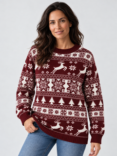 Jersey Navideño Mujer Fair Isle Renos y Abetos Cuello Redondo