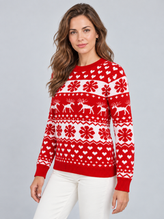 Jersey Navideño Mujer Rojo Renos Copos y Corazones Cuello Redondo
