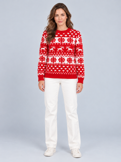 Jersey Navideño Mujer Rojo Renos Copos y Corazones Cuello Redondo