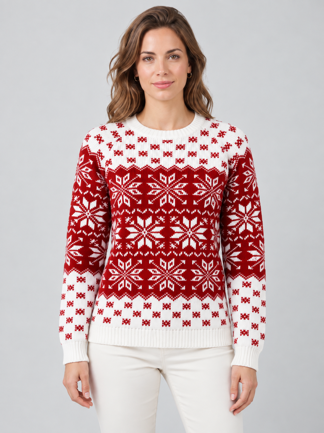 Jersey Navideño Mujer Rojo Copos de Nieve Borde de Cuadros