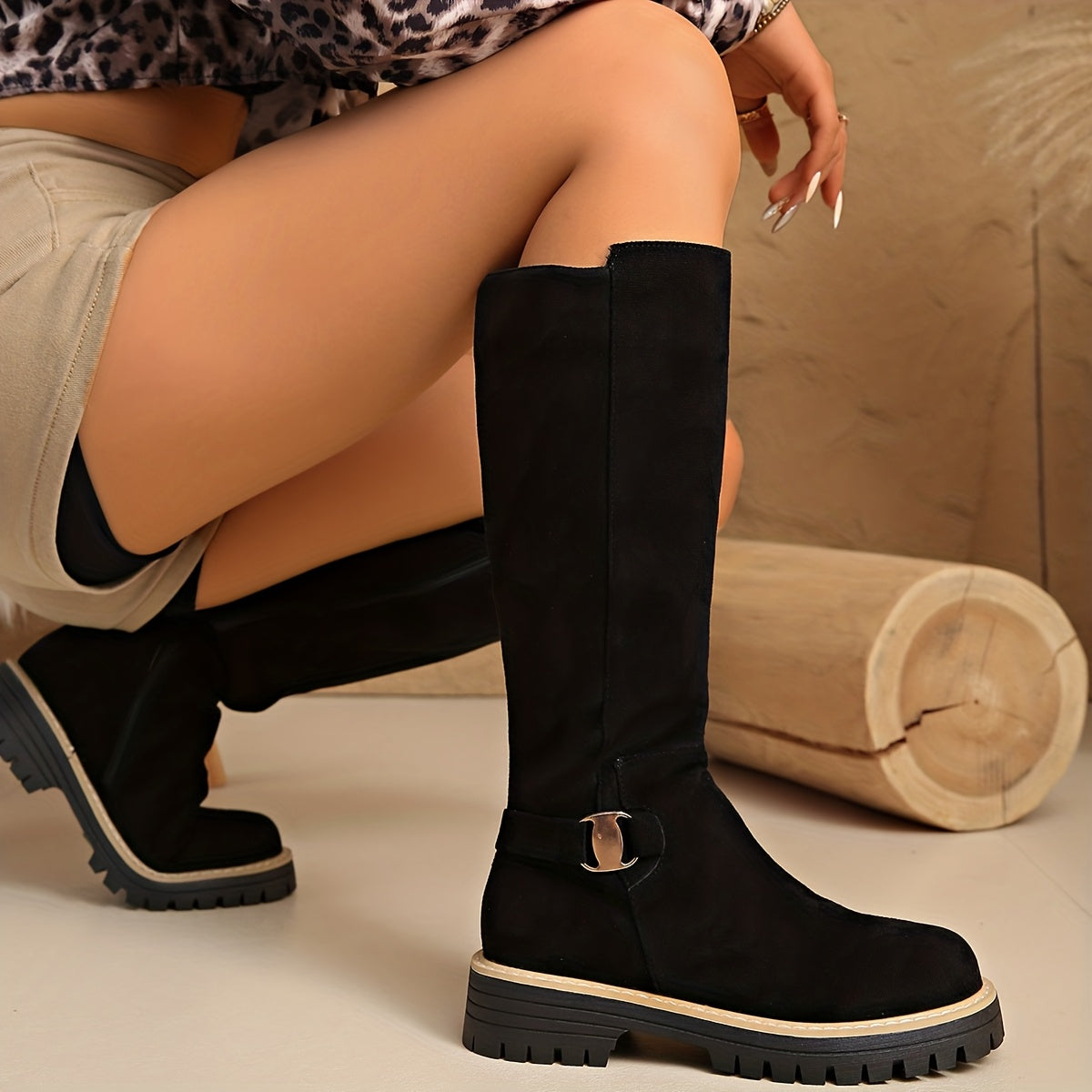 Women's Suede Flat Tall Boots - Buckle Detail, Lug Sole
