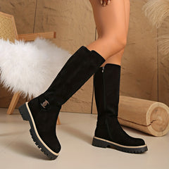 Women's Suede Flat Tall Boots - Buckle Detail, Lug Sole