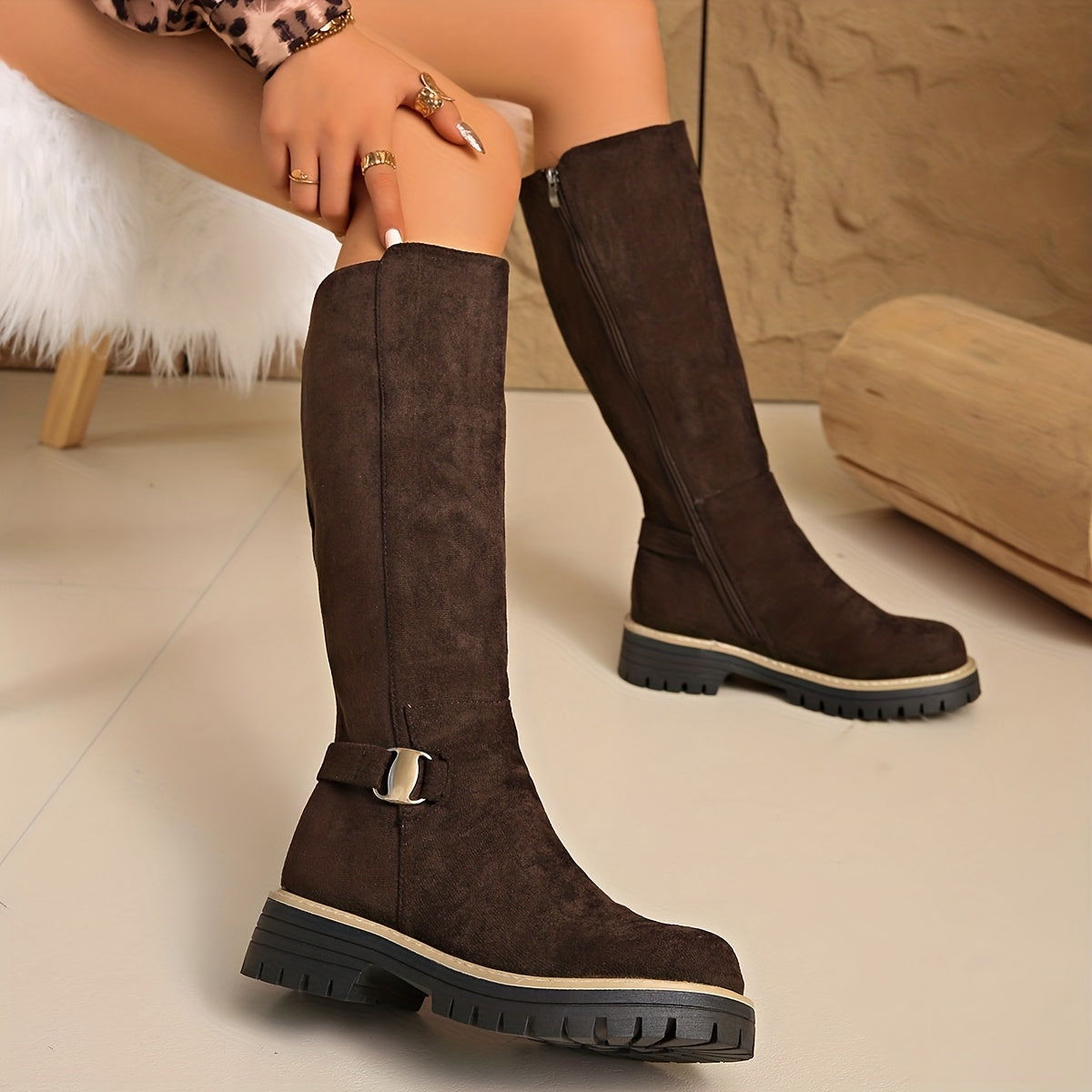 Women's Suede Flat Tall Boots - Buckle Detail, Lug Sole