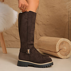Women's Suede Flat Tall Boots - Buckle Detail, Lug Sole