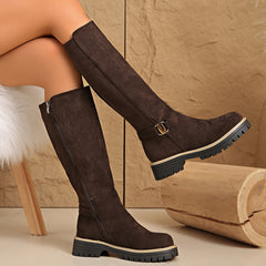 Women's Suede Flat Tall Boots - Buckle Detail, Lug Sole