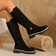 Women's Suede Flat Tall Boots - Buckle Detail, Lug Sole