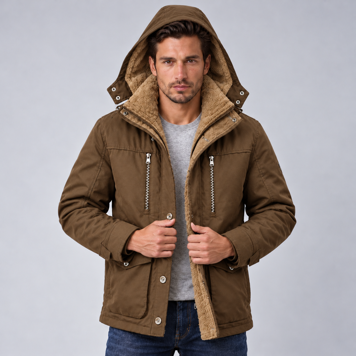 Chaqueta Hombre Impermeable con Capucha y Forro Polar