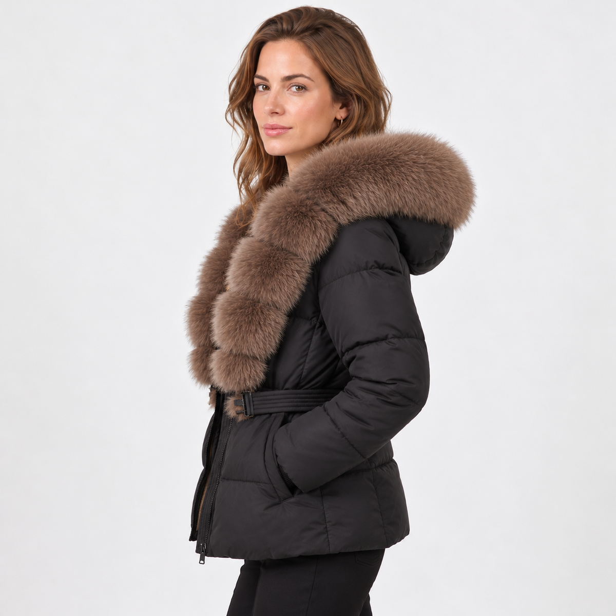 Women's Faux Leather Hooded Puffer Jacket - Quilted Winter Coat