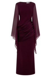 Vestido Largo de Noche Burdeos con Mangas Capa de Crepé
