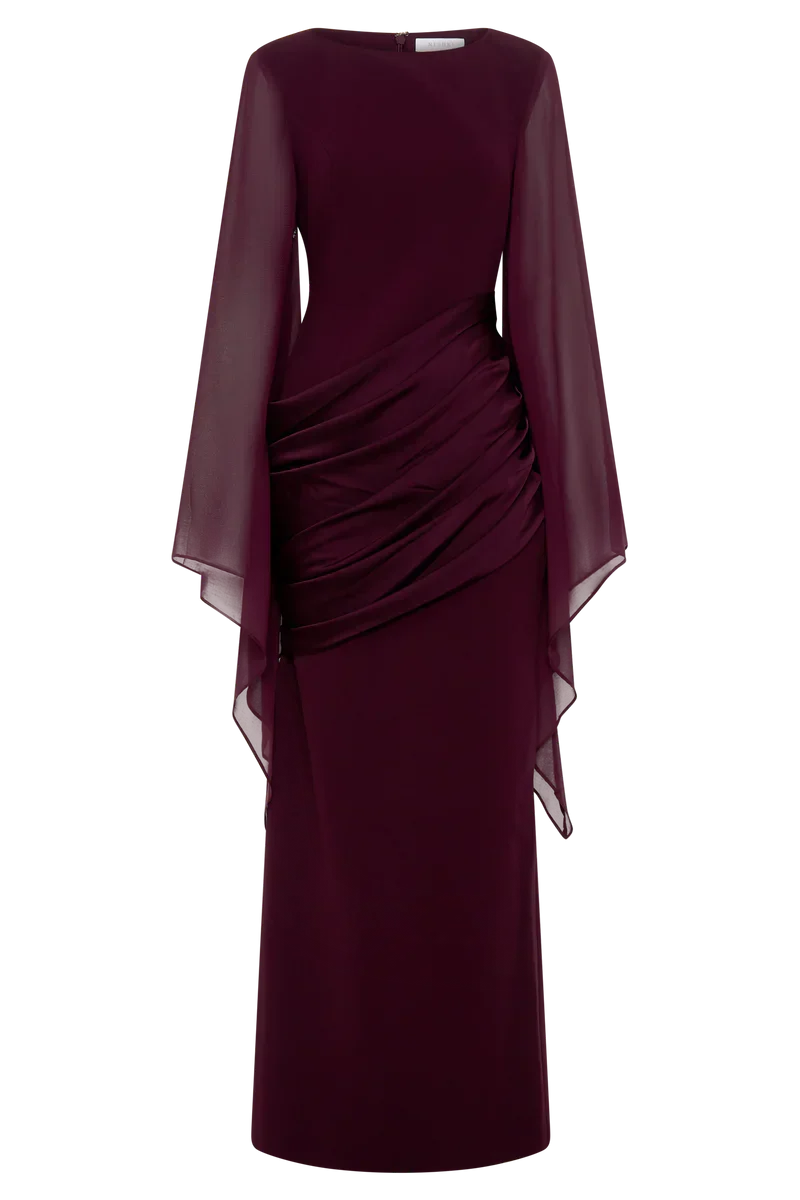 Vestido Largo de Noche Burdeos con Mangas Capa de Crepé