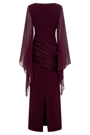 Vestido Largo de Noche Burdeos con Mangas Capa de Crepé