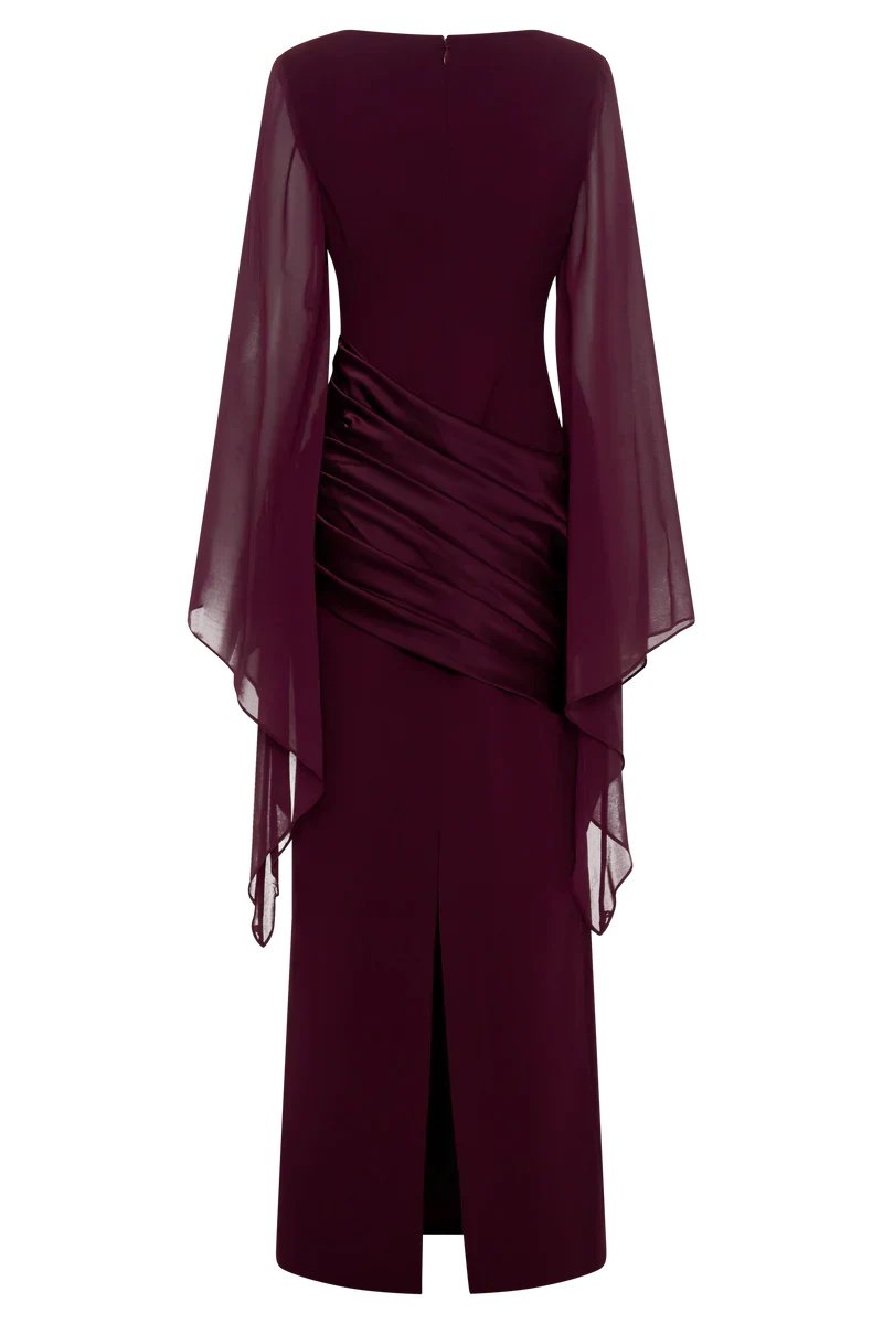 Vestido Largo de Noche Burdeos con Mangas Capa de Crepé
