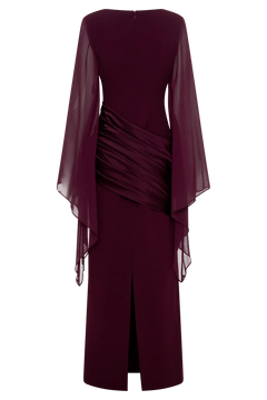 Vestido Largo de Noche Burdeos con Mangas Capa de Crepé