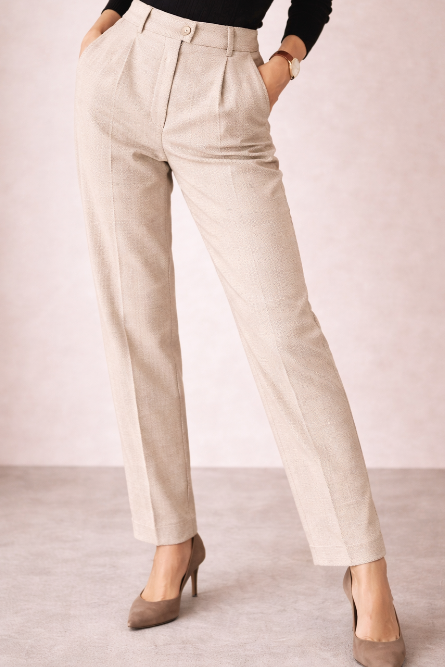Pantalón de Lana con Pliegues y Cintura Alta para Mujer