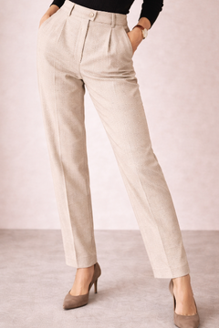 Pantalón de Lana con Pliegues y Cintura Alta para Mujer