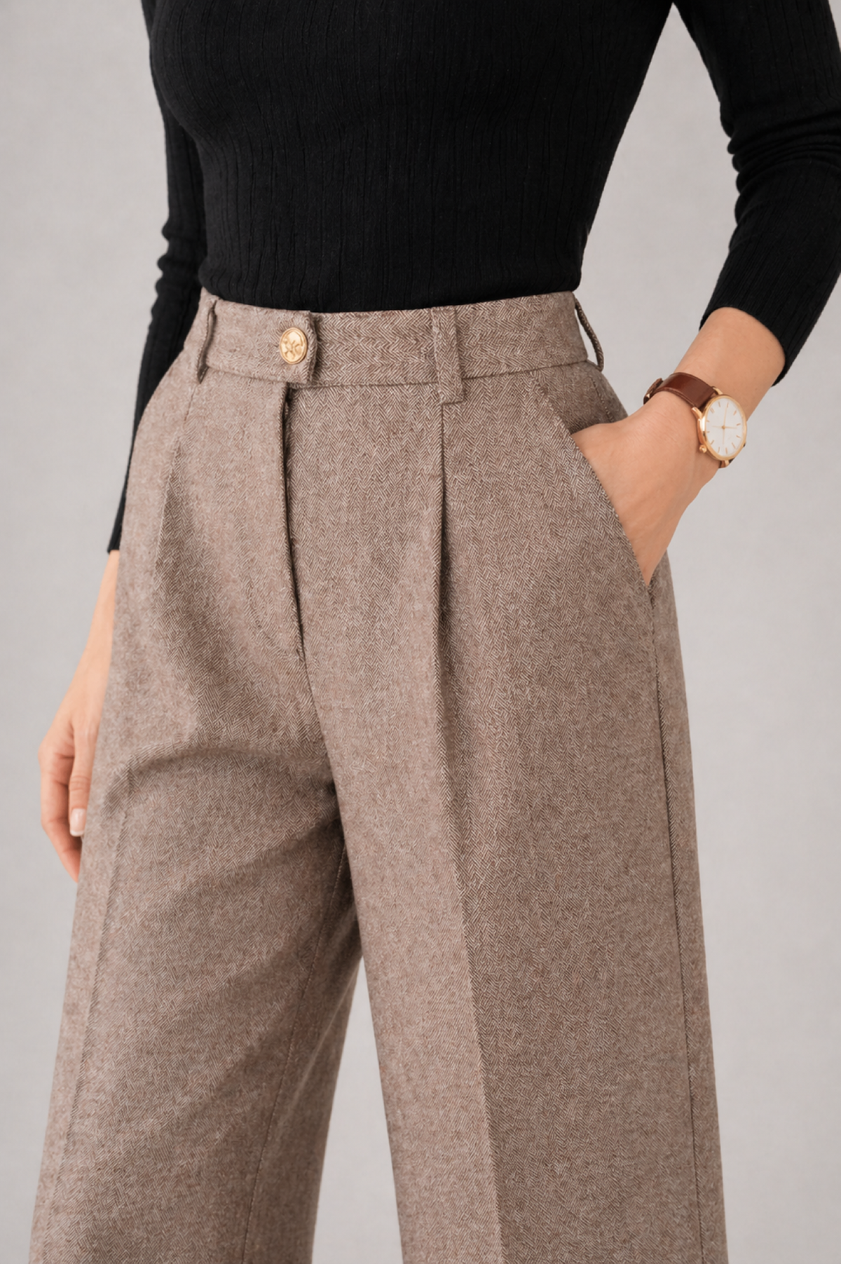 Pantalón de Lana con Pliegues y Cintura Alta para Mujer