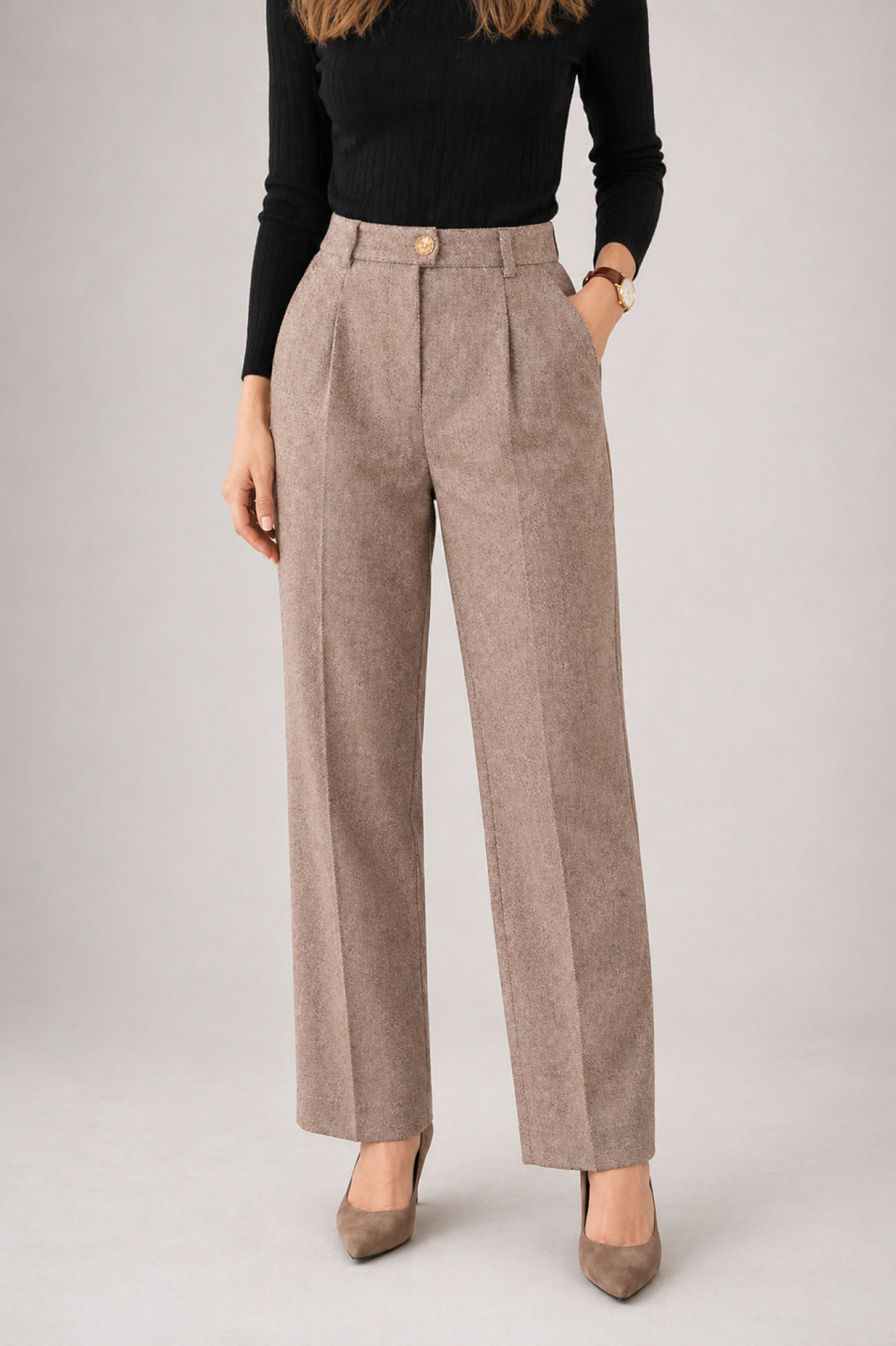 Pantalón de Lana con Pliegues y Cintura Alta para Mujer