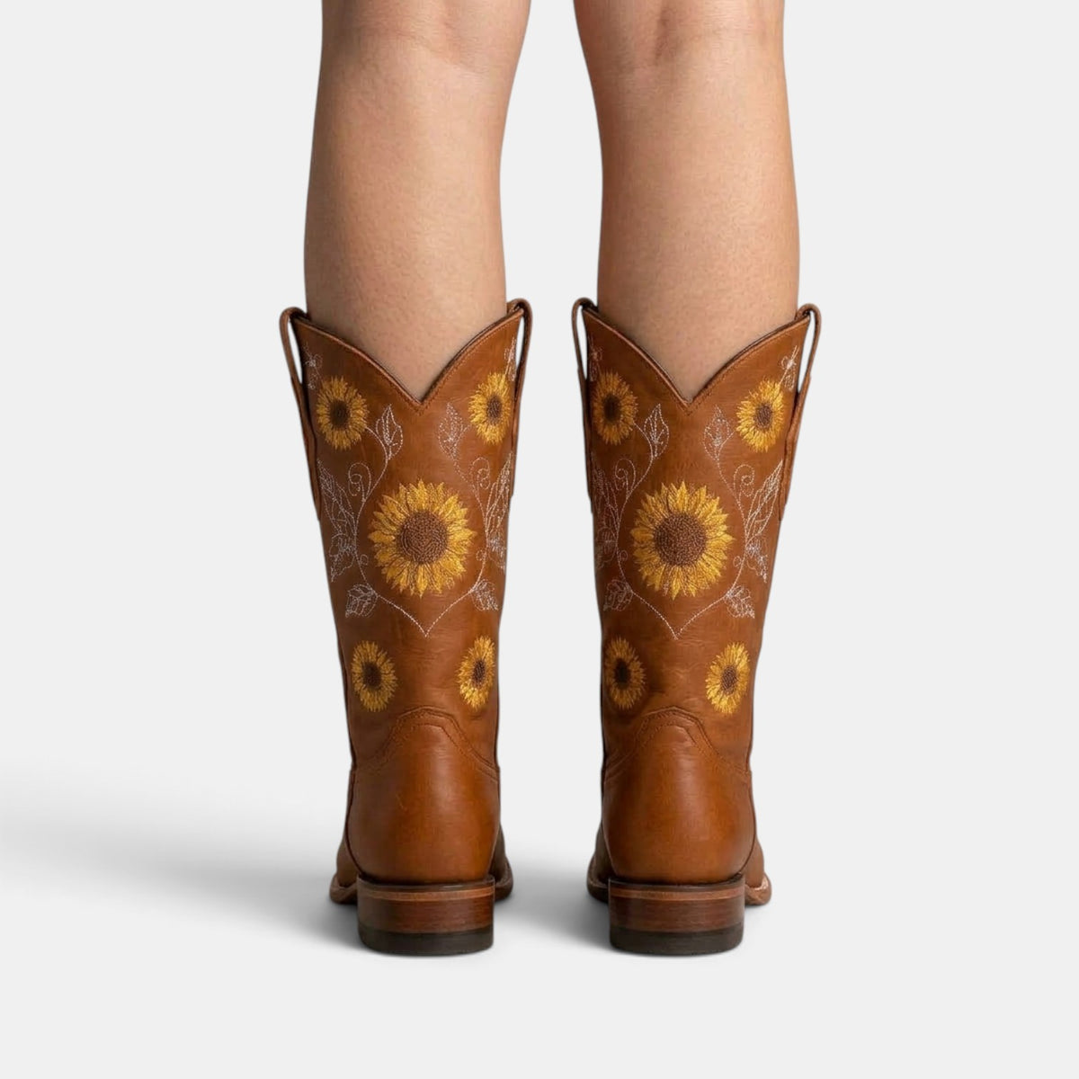 Botas Camperas Boho de Piel para Mujer con Girasoles Bordados
