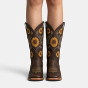 Botas Camperas Boho de Piel para Mujer con Girasoles Bordados
